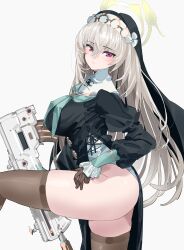 Rule 34 | 1girl, absurdres, assault rifle, black dress, blue archive, blush, breasts, brown thighhighs, bullpup, closed mouth, dress, frilled sleeves, frills, gloves, grey gloves, grey hair, gun, habit, halo, hand on leg, highres, iwi tavor, kazukingu, large breasts, leg up, leotard, leotard under clothes, long hair, looking at viewer, purple eyes, rifle, sakurako (blue archive), simple background, solo, thighhighs, weapon, white background, white leotard