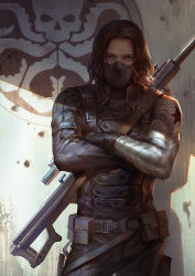 Rule 34 | 1boy, animification, anti-materiel rifle, belt, body armor, captain america: the winter soldier, captain america (series), captain america the winter soldier, crossed arms, cyborg, emblem, gun, half mask, james buchanan barnes, kdash, male focus, marvel, marvel cinematic universe, mask, mechanical arms, mouth mask, prosthesis, prosthetic arm, realistic, rifle, single mechanical arm, sniper rifle, solo, weapon, winter soldier