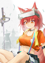 Rule 34 | 1girl, absurdres, animal ear fluff, animal ears, arknights, black choker, blush, breasts, choker, closed mouth, crop top, english text, flametail (arknights), flametail (sport for all) (arknights), head-mounted display, highres, looking at viewer, medium breasts, midriff, nian962464, official alternate costume, orange shirt, planted, planted sword, planted weapon, red eyes, red hair, shirt, short hair, short sleeves, shorts, silhouette, sitting, solo, squirrel ears, squirrel girl, steaming body, suspender shorts, suspenders, sweat, sword, weapon, white shorts