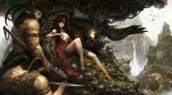 Rule 34 | 1girl, 2boys, armlet, bacius, bare legs, barefoot, beak, bird, breasts, breasts apart, brown hair, bush, circlet, cleavage, cleavage cutout, clothing cutout, club (weapon), commentary request, dress, dryad, flying, hair censor, highres, holding, holding sword, holding weapon, horns, kneeling, leaf, long hair, looking at viewer, medium breasts, monster, multiple boys, muscular, open clothes, open dress, original, outdoors, pointy ears, satyr, sheep horns, sitting, skull, spread wings, standing, sword, throne, topfreedom, topless, tree, water, waterfall, weapon