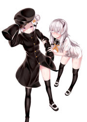 Rule 34 | 2girls, abigail williams (fate), absurdres, arm grab, arm up, black bow, black hat, black jacket, black legwear, black sailor collar, blush, bow, closed mouth, dress, fate/grand order, fate (series), fingernails, forehead, hair between eyes, hair bow, hair bun, hand up, hat, highres, horns, jacket, lavinia whateley (fate), leaning forward, long hair, long sleeves, looking at another, looking at viewer, multiple girls, neckerchief, orange bow, orange neckerchief, parted bangs, peaked cap, pikunoma, polka dot, polka dot bow, purple eyes, sailor collar, sailor dress, shoes, side bun, silver hair, simple background, single hair bun, single horn, single side bun, sleeves past fingers, sleeves past wrists, standing, thighhighs, uwabaki, very long hair, white background, white dress, white footwear, wide-eyed