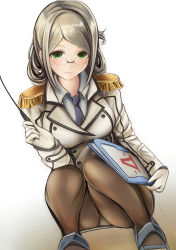 Rule 34 | 10s, 1girl, blush, breasts, brown pantyhose, crotch seam, epaulettes, female focus, folded ponytail, glasses, gloves, green eyes, holding, kantai collection, katori (kancolle), large breasts, light brown hair, long sleeves, military, military uniform, miniskirt, nannacy7, necktie, panties, panties under pantyhose, pantyhose, pantyshot, pointer, sandals, short hair, skirt, solo, squatting, underwear, uniform, white gloves, white panties