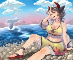 Rule 34 | 2girls, animal ears, animal print, arm support, bare shoulders, black hair, blurry, blurry background, blush, boat, breasts, cetacean tail, cleavage, cloud, collarbone, commentary request, cow ears, cow horns, cow print, cow tail, crop top, fins, fish tail, flip-flops, frilled shorts, frills, hair between eyes, highres, horns, knees up, large breasts, looking to the side, midriff, multicolored hair, multiple girls, navel, off shoulder, on ground, onozuka komachi, outdoors, outstretched leg, red eyes, red horns, sandals, scythe, short hair, shorts, smile, split-color hair, stomach, tail, tank top, touhou, two-tone hair, ushizaki urumi, wankosoba, water, watercraft, wet, whale tail (clothing), white hair, yellow shorts, yellow tank top
