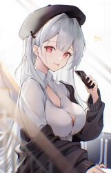 Rule 34 | 1girl, absurdres, azur lane, beret, black hat, black jacket, blunt bangs, breasts, cellphone, cleavage, collared shirt, cross-shaped pupils, hand up, hat, highres, holding, holding phone, jacket, large breasts, light blush, long hair, long sleeves, looking at viewer, nail polish, official alternate costume, one side up, open clothes, open jacket, phone, red eyes, red nails, school uniform, scylla (azur lane), scylla (femme fatale fresher) (azur lane), shirt, smartphone, solo, symbol-shaped pupils, toki (rumukio), tongue, tongue out, white hair, white shirt