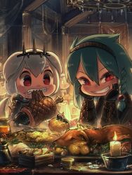 Rule 34 | 2girls, animal ears, armor, artist name, beads, black gloves, boned meat, bracer, braid, bread, candle, cecile (porforever), chandelier, chibi, clenched teeth, coin, commentary, dog ears, dog girl, dog tail, eating, english commentary, food, food on face, gloves, green hair, grin, hair beads, hair between eyes, hair ornament, hairband, highres, indoors, long hair, looking at viewer, meat, multiple girls, original, porforever, red eyes, rope, sharp teeth, short hair, side braid, single braid, slit pupils, smile, symbol-only commentary, tail, tavern, teeth, v-shaped eyebrows, white hair