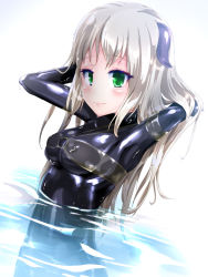 Rule 34 | bad anatomy, bad proportions, bikini, bodysuit, green eyes, highres, horns, latex, latex suit, long hair, naka (cheeseyeast), original, partially submerged, poorly drawn, see-through, silver hair, solo, swimsuit