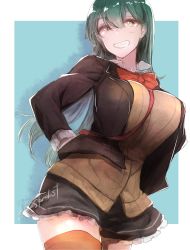 Rule 34 | 10s, 1girl, aqua eyes, aqua hair, arms behind back, blazer, blush, bow, bowtie, breasts, brown thighhighs, collared shirt, cowboy shot, frilled skirt, frills, green hair, grin, hair between eyes, hair ornament, hairclip, highres, jacket, kantai collection, kojima (blue stardust), large breasts, long hair, looking at viewer, pleated skirt, remodel (kantai collection), school uniform, shadow, shirt, simple background, skirt, smile, solo, suzuya (kancolle), thighhighs, twitter username