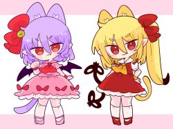 Rule 34 | 2girls, animal ears, ascot, bat wings, bell, blonde hair, bow, cat ears, cat girl, cat tail, collared shirt, crystal, fang, flandre scarlet, frilled shirt collar, frilled skirt, frilled sleeves, frills, hair bow, highres, jingle bell, kemonomimi mode, light purple hair, medium hair, multiple girls, no headwear, one side up, op na yarou, paw pose, pink footwear, pink shirt, pink skirt, puffy short sleeves, puffy sleeves, red ascot, red bow, red eyes, red footwear, red ribbon, red skirt, red vest, remilia scarlet, ribbon, shirt, short sleeves, siblings, simple background, sisters, skirt, skirt set, slit pupils, tail, touhou, vest, white background, white shirt, white skirt, wings, wrist cuffs, yellow ascot