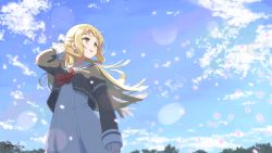 Rule 34 | 1girl, :d, black jacket, blonde hair, blue sky, blush, bow, brown eyes, cloud, commentary request, day, dress, hair bow, hand in own hair, hand up, jacket, juliet sleeves, long hair, long sleeves, looking away, looking to the side, nogi sonoko, open mouth, outdoors, puffy sleeves, red bow, sailor collar, sailor dress, sanshuu middle school uniform, school uniform, signature, sky, sleeves past wrists, smile, solo, standing, striped, striped bow, umiroku, very long hair, white bow, white dress, white sailor collar, yuuki yuuna wa yuusha de aru, yuusha de aru