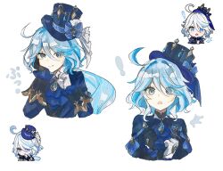 Rule 34 | !, 1girl, ahoge, asymmetrical gloves, black gloves, blue eyes, blue gemstone, blue hair, blue jacket, commentary request, drop-shaped pupils, furina (genshin impact), gem, genshin impact, gloves, grin, hair between eyes, hand on own cheek, hand on own face, hat, heterochromia, highres, jacket, long hair, long sleeves, looking at viewer, medium hair, mismatched gloves, mismatched pupils, multiple views, notice lines, open mouth, raised eyebrows, reference inset, simple background, smile, surprised, symbol-shaped pupils, top hat, very long hair, white background, white hair, zikoman syumi