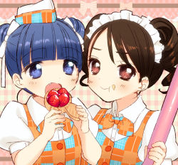Rule 34 | 2girls, :t, blue eyes, blue hair, blush, brown eyes, brown hair, double bun, drill hair, eating, food, food on face, hat, maid headdress, multiple girls, open mouth, piyodera mucha, twin drills, twintails