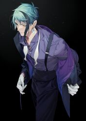 Rule 34 | 1boy, blue hair, blue shirt, bow, bowtie, closed mouth, commentary request, earrings, gloves, highres, jacket, jade leech, jewelry, long sleeves, multicolored hair, pants, shirt, smile, solo, suspenders, tatsuta age, twisted wonderland, white gloves, yellow eyes