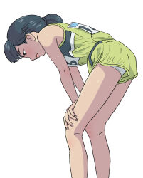 Rule 34 | 1girl, black eyes, black hair, commentary request, eyelashes, feet out of frame, green shirt, green shorts, hands on own knees, highres, leaning forward, open mouth, original, panties, pantyshot, shirt, short hair, shorts, simple background, solo, sumiyama, track uniform, underwear, white background