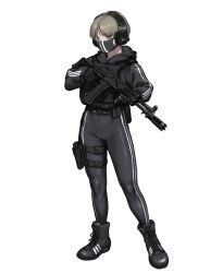 Rule 34 | 1girl, adidas, ak-12, armor, assault rifle, black mask, boots, bow, bulletproof vest, cross-laced footwear, ear protection, full body, green eyes, gun, handgun, hat, highres, holding, holding gun, holding weapon, holster, jacket, kalashnikov rifle, korean commentary, lace-up boots, looking at viewer, mask, mouth mask, original, pants, rifle, short hair, simple background, solo, striped bow, striped clothes, striped jacket, striped pants, suddm, thigh holster, tight clothes, tight pants, track jacket, trigger discipline, variant set, weapon, white background