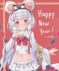 Rule 34 | 1girl, animal, animal ears, animal on hand, blush, bow, brooch, brown background, chinese zodiac, closed mouth, collared shirt, commentary, dated, english commentary, frilled shirt, frilled skirt, frilled sleeves, frills, granblue fantasy, hair bow, hair ornament, hairclip, happy new year, heart, heart brooch, highres, hikari niji, jewelry, long sleeves, midriff, mouse (animal), mouse ears, navel, new year, pleated skirt, red bow, red eyes, shirt, silver hair, skirt, smile, solo, striped, striped bow, vikala (granblue fantasy), white shirt, white skirt, year of the rat