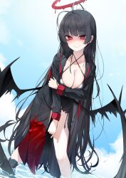 Rule 34 | 1girl, bikini, black bikini, black hair, blue archive, blue sky, blush, breasts, cleavage, collarbone, ddangbi, feet out of frame, halo, highres, large breasts, long hair, long sleeves, looking at viewer, low wings, outdoors, red eyes, sky, smile, solo, standing, swimsuit, thighs, tsurugi (blue archive), water, wings