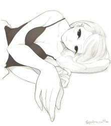 Rule 34 | 1girl, blanket, breasts, camisole, cleavage, collarbone, eyelashes, fingernails, foreshortening, greyscale, long hair, lying, md5 mismatch, medium breasts, monochrome, on side, original, pillow, poaro, resized, simple background, solo, twitter username, white background
