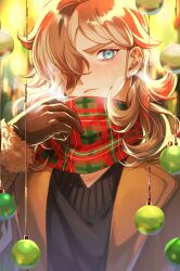 Rule 34 | 1boy, 86ch, absurdres, arven (pokemon), bauble, blush, breath, brown gloves, brown jacket, buttons, christmas, christmas ornaments, commentary request, creatures (company), game freak, gloves, green eyes, hand up, highres, jacket, long hair, long sleeves, male focus, nintendo, pokemon, pokemon sv, scarf, shirt, signature, solo, sweater, upper body