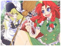 Rule 34 | 2girls, apron, beret, blonde hair, blue eyes, blue sky, bottle, bow, braid, brick wall, broom, chinese clothes, cloud, commentary request, drinking, hat, hat bow, hong meiling, kirisame marisa, leg up, multiple girls, oekaki, outdoors, puffy short sleeves, puffy sleeves, red hair, short sleeves, side braid, single braid, sky, smile, soda, soda bottle, star (symbol), sunlight, touhou, tree, twin braids, waist apron, wall, wavy hair, witch hat, yellow eyes, yt (wai-tei)