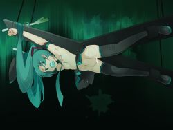 Rule 34 | 1girl, aqua eyes, aqua hair, arms up, bdsm, bondage, bound, breasts, censored, clothes gag, cross, female focus, gag, gagged, hair bondage, hatsune miku, improvised gag, long hair, mouth stuffed, necktie, nipples, no panties, panties, panty gag, pussy, skirt, solo, spring onion, suspension, thighhighs, topless, twintails, underwear, very long hair, vocaloid