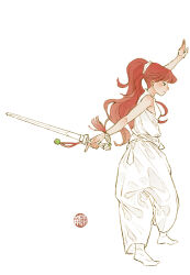 Rule 34 | 1girl, bare arms, bare shoulders, black eyes, blunt bangs, chinese commentary, closed mouth, commentary request, expressionless, from side, full body, holding, holding sword, holding weapon, juuni kokuki, light blush, long hair, nakajima youko, outstretched arms, pants, ponytail holder, puffy pants, red hair, shirt, shuishuiping, simple background, sleeveless, sleeveless shirt, socks, solo, sword, tassel, very long hair, watermark, wavy hair, weapon, white background, white pants, white shirt, white socks
