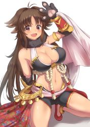 Rule 34 | 1girl, :d, animal hands, anklet, antenna hair, arm up, armpit crease, bare legs, bare shoulders, black shorts, blush, breasts, brown eyes, brown hair, cape, cleavage, dargo, fang, groin, jewelry, kaori (princess connect!), long hair, looking at viewer, medium breasts, midriff, navel, open mouth, princess connect!, red cape, red footwear, revealing clothes, rope, shadow, shimenawa, shoes, short shorts, shorts, sidelocks, simple background, smile, solo, squatting, stomach, thighs, very long hair, waist cape, white background