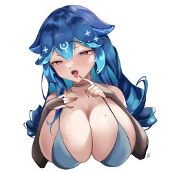 Rule 34 | 1girl, alternate breast size, bao (vtuber), bikini, blue hair, blush, breasts, bridal gauntlets, choker, cleavage, commentary, cropped torso, english commentary, grey bikini, hair between eyes, half-closed eyes, heart, heart in eye, highres, huge breasts, indie virtual youtuber, leon decarabia, long hair, looking at viewer, open mouth, pointing, pointing at self, portrait, red eyes, simple background, solo, swimsuit, symbol in eye, tongue, tongue out, virtual youtuber, white background, white choker