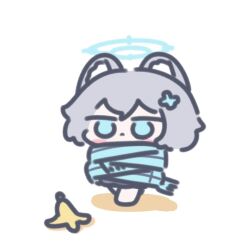 Rule 34 | 1girl, animal ears, banana peel, blue archive, blue eyes, blue halo, blue scarf, bluemaka, blush stickers, chibi, grey hair, hair ornament, halo, scarf, shiroko (young) (blue archive), simple background, solo, white background, wolf ears, wolf girl