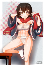 Rule 34 | 1girl, abs, armpits, blush, breasts, brown eyes, brown hair, caesar (girls und panzer), cameltoe, cleavage, closed mouth, fundoshi, girls und panzer, groin, highres, japanese clothes, large breasts, looking at viewer, megadeko, navel, sarashi, scarf, short hair, smile, solo