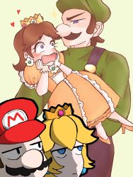 Rule 34 | 2boys, 2girls, annoyed, blonde hair, blue eyes, blush, brothers, brown hair, carrying, crown, dress, earrings, facial hair, flower earrings, friends, gloves, hat, heart, high heels, highres, jewelry, luigi, mario, mario (series), multiple boys, multiple girls, muscle growth, muscular, mustache, nintendo, open mouth, orange dress, overalls, princess carry, princess daisy, princess peach, puffy short sleeves, puffy sleeves, short sleeves, siblings, spoken heart, super mario bros. 1, super smash bros., surprised, tomboy