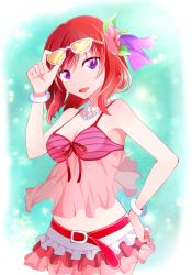 Rule 34 | 10s, 1girl, bad id, bad pixiv id, bare shoulders, bikini, breasts, cleavage, eyewear on head, frilled bikini, frills, glasses, gradient background, hair ornament, highres, looking at viewer, love live!, love live! school idol project, natsuiro egao de 1 2 jump!, navel, nishikino maki, open mouth, purple eyes, red hair, revision, see-through, short hair, solo, sunglasses, swimsuit, yuihico