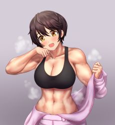 Rule 34 | 1girl, :d, abs, bare shoulders, black sports bra, blush, bodysuit, breasts, brown hair, cleavage, collarbone, commentary request, cowboy shot, greenteamousou, grey background, groin, hair between eyes, hand on own cheek, hand on own face, head tilt, highres, idolmaster, idolmaster cinderella girls, large breasts, looking at viewer, midriff, muscular, muscular female, navel, off shoulder, oikawa shizuku, open mouth, pink bodysuit, short hair, sidelocks, simple background, smile, solo, sports bra, standing, steam, sweat, taut clothes, yellow eyes