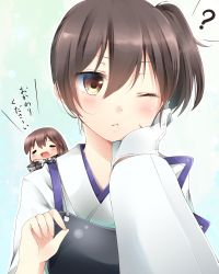 Rule 34 | 10s, 2girls, ?, absurdres, akagi (kancolle), blush, brown eyes, brown hair, bucket, chibi, gloves, hand on another&#039;s cheek, hand on another&#039;s face, highres, holding, japanese clothes, kaga (kancolle), kantai collection, long hair, multiple girls, muneate, navy (navy.blue), one eye closed, open mouth, short hair, side ponytail, spoken question mark, translation request