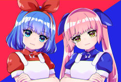 Rule 34 | 2girls, apron, blue background, blue dress, blue eyes, blue hair, blue ribbon, brown eyes, closed mouth, collared dress, commentary request, crossed arms, dress, hair ribbon, hairband, head tilt, highres, long hair, multiple girls, omega rei, omega rio, omega sisters, omega symbol, pikomarie, pink hair, puffy short sleeves, puffy sleeves, red background, red dress, red hairband, red ribbon, ribbon, short sleeves, smile, twintails, two-tone background, upper body, virtual youtuber, white apron