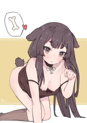 Rule 34 | 1girl, absurdres, all fours, animal ears, ass, bell, blush, bottomless, breasts, brown eyes, brown hair, camisole, choker, dog ears, dog girl, downblouse, heart, highres, inukai purin, long hair, looking at viewer, lucabassiart, paw pose, socks, solo, tail, tsunderia, virtual youtuber