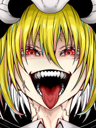 Rule 34 | 1girl, blonde hair, crazy eyes, crazy smile, eyelashes, flandre scarlet, hair between eyes, hat, highres, kwisshy, looking at viewer, open mouth, red eyes, sharp teeth, short hair, smile, solo, straight-on, teeth, tongue, tongue out, touhou, veins, veiny face, veiny neck