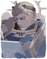 1boy armor artist_name blonde_hair blue_eyes closed_mouth commentary english_commentary holding holding_tablet_pc imperium_of_man laurel_crown male_focus pauldrons primarch roboute_guilliman short_hair shoulder_armor simple_background sjax001 solo tablet_pc ultramarines upper_body warhammer_40k white_background