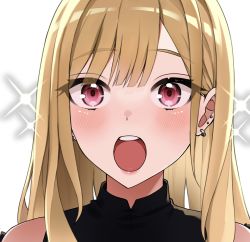 Rule 34 | 1girl, :o, bare shoulders, black shirt, blonde hair, blush, close-up, ear piercing, earrings, highres, jewelry, kitagawa marin, long hair, looking ahead, open mouth, piercing, portrait, red eyes, shirt, sleeveless, sleeveless shirt, solo, sono bisque doll wa koi wo suru, sparkle, straight hair, surprised, tate yukimi, teeth, upper body, upper teeth only