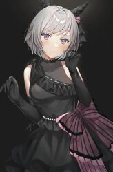 Rule 34 | 1girl, animal ears, black dress, black gloves, blush, bow, breasts, commentary request, cowboy shot, curren chan (sakutsuki ma cherie) (umamusume), curren chan (umamusume), dark background, dress, ear covers, ear ornament, elbow gloves, gloves, grey hair, highres, horse ears, horse girl, horse tail, medium breasts, official alternate costume, open mouth, oshage (osyage921), pink bow, purple eyes, short hair, simple background, single bare shoulder, smile, solo, tail, teeth, umamusume, upper teeth only
