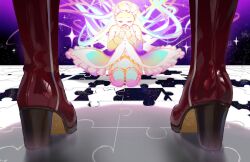 Rule 34 | 2girls, boots, closed eyes, floating hair, from behind, full body, high-low skirt, high heel boots, high heels, kneeling, long hair, lower body, magical girl, mahou shoujo madoka magica, mahou shoujo madoka magica (anime), multiple girls, on floor, out of frame, own hands together, pinlin, puzzle, puzzle piece, red footwear, sakura kyoko, space, standing, star (sky), surreal, thighhighs