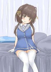 Rule 34 | 1girl, absurdres, bed, blush, brown eyes, brown hair, commentary request, curtains, gloves, hair ornament, highres, kantai collection, looking at viewer, madmax (suzk1125), necktie, short hair with long locks, sitting, smile, solo, thighhighs, ukuru (kancolle)