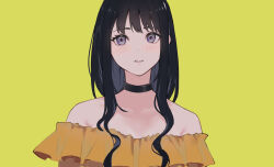 Rule 34 | 1girl, absurdres, bare shoulders, black choker, black hair, blush, brown shirt, choker, collarbone, commentary request, highres, inoue takina, long hair, looking at viewer, lycoris recoil, off-shoulder shirt, off shoulder, parted lips, purple eyes, shirt, simple background, solo, teeth, tsurara eeri, upper teeth only, yellow background