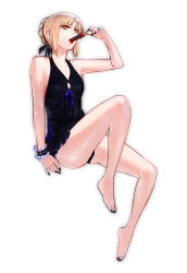 Rule 34 | 1girl, artoria pendragon (fate), azusa (hws), bare legs, barefoot, blonde hair, collarbone, eyelashes, fate/stay night, fate (series), feet, fingernails, full body, hair ribbon, highres, licking, nail polish, one-piece swimsuit, popsicle, ribbon, saber (fate), saber alter, sidelocks, sitting, solo, swimsuit, swimsuit skirt, toenail polish, toenails, tongue, white background, wrist cuffs, yellow eyes