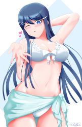 Rule 34 | 1girl, absurdres, arm behind head, arm up, bare arms, bare stomach, bikini, blowing kiss, blue background, blue eyes, blue hair, blue jacket, blush, bow, bow bikini, breasts, cleavage, collarbone, danganronpa: trigger happy havoc, danganronpa (series), ears, eyelashes, female focus, frilled bikini, frilled bikini top, frills, hair between eyes, hair ornament, hairclip, hand up, heart, highres, jacket, jacket tied around waist, legs, looking at viewer, maizono sayaka, multicolored background, navel, neolink077, nose, one eye closed, open mouth, shiny skin, signature, simple background, solo, standing, swimsuit, thighs, white background, white bikini, white bow, wink