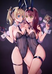Rule 34 | 2girls, absurdres, animal ears, asymmetrical docking, baozha gangbi, between breasts, black background, black gloves, black neckwear, blonde hair, blue eyes, breast press, breasts, brown hair, covered navel, detached collar, eye contact, fake animal ears, gloves, grey leotard, highres, holding, holding photo, large breasts, leotard, long hair, looking at another, multiple girls, nail polish, necktie, nib pen (object), original, pen, photo (object), playboy bunny, polaroid, rabbit ears, rabbit tail, strapless, strapless leotard, tail, thigh strap, wrist cuffs, yellow eyes