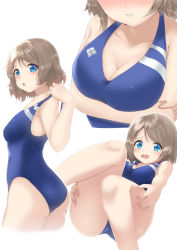 Rule 34 | 1girl, ass, blue eyes, blue one-piece swimsuit, blush, breasts, brown hair, cleavage, competition swimsuit, enatsu, highres, lips, looking at viewer, love live!, love live! sunshine!!, multiple persona, multiple views, one-piece swimsuit, open mouth, short hair, sitting, swimsuit, thighs, watanabe you
