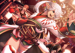 1girl 2boys ahoge alisaie_leveilleur animal_ears architecture blue_eyes brown_eyes brown_hair candy_apple cat_ears dutch_angle earrings east_asian_architecture elezen elf facial_mark festival final_fantasy final_fantasy_xiv fireworks food g&#039;raha_tia hair_over_one_eye japanese_clothes jewelry kimono long_hair looking_to_the_side mihira_(tainosugatayaki) miqo&#039;te multiple_boys night obi open_mouth pointy_ears red_eyes red_hair sash short_hair white_hair