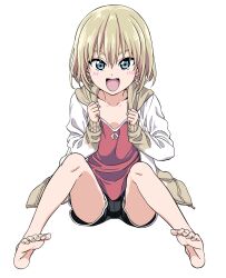 Rule 34 | 1girl, bare legs, barefoot, blonde hair, blue eyes, blush, commentary request, fang, feet, full body, girls und panzer, highres, hiroyuki, hood, hoodie, katyusha (girls und panzer), long sleeves, looking at viewer, open clothes, open hoodie, open mouth, revision, short hair, shorts, sitting, smile, soles, solo, spread legs, toes