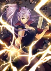 Rule 34 | 1girl, ass, bad id, bad twitter id, book, breasts, brown eyes, cleavage, fire emblem, ishtar (fire emblem), light purple hair, lightning, lips, long hair, magic, minamibe, nintendo, outstretched arm, rock, rubble, side ponytail, solo, thighs