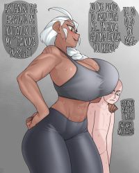 Rule 34 | 1boy, 1girl, abs, ahoge, bald, breasts, clothed female nude male, commission, dark-skinned female, dark skin, ekz (robotekz), english text, frown, grey tank top, hand on another&#039;s shoulder, hand on own hip, height difference, highres, huge breasts, nude, pants, smile, sweat, taller female, tank top, thick thighs, thighs, white hair, yoga pants
